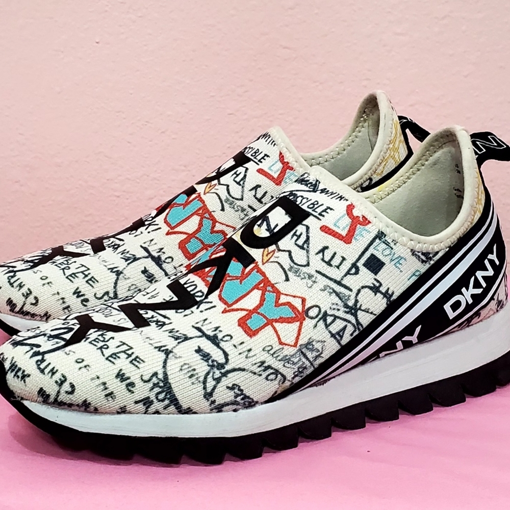 DKNY Abbi Graffiti Logo Slip-On Wedge Sneakers - Size 5.5M